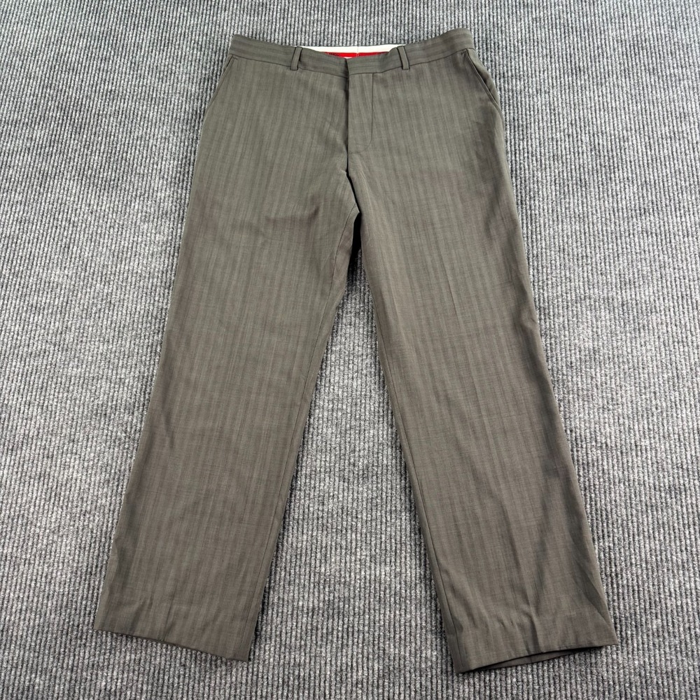 Hugo Boss Pants Men 34x29.5 Taupe Striped Albo Hago Wool Polyester Stretch Dress